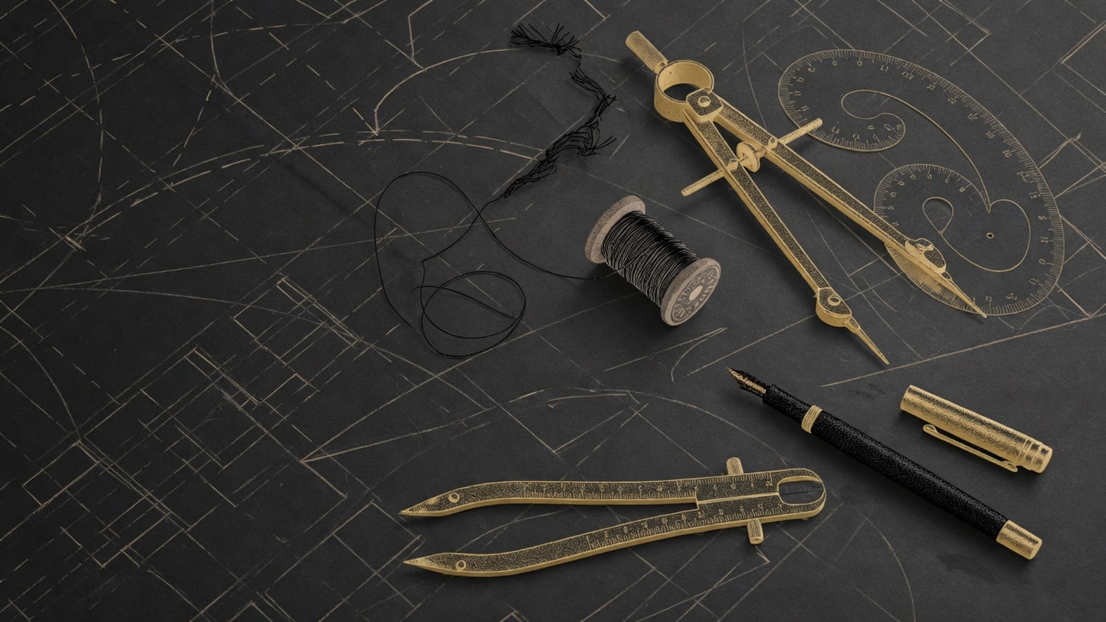A tailor's workbench crossed with an engineer's desk: brass compass, french curve, calipers, fountain pen, and a spool of thread on dark pattern paper.